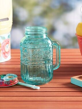 The Pioneer Woman 32oz. Teal  Mason Jar Glass w/straw 1 teal stripe 1 yellow